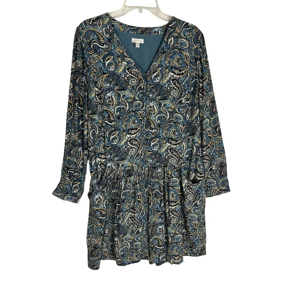 Garnet Hill Women's Size 10‎ Drop Waist Button Up Long Sleeve Teal Paisley Dress